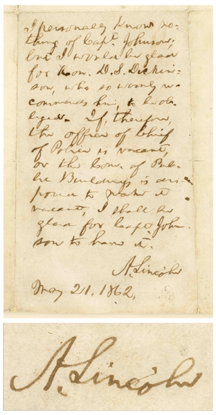 Abraham Lincoln Autograph Endorsement Signed as President for the Position of Chief of Police